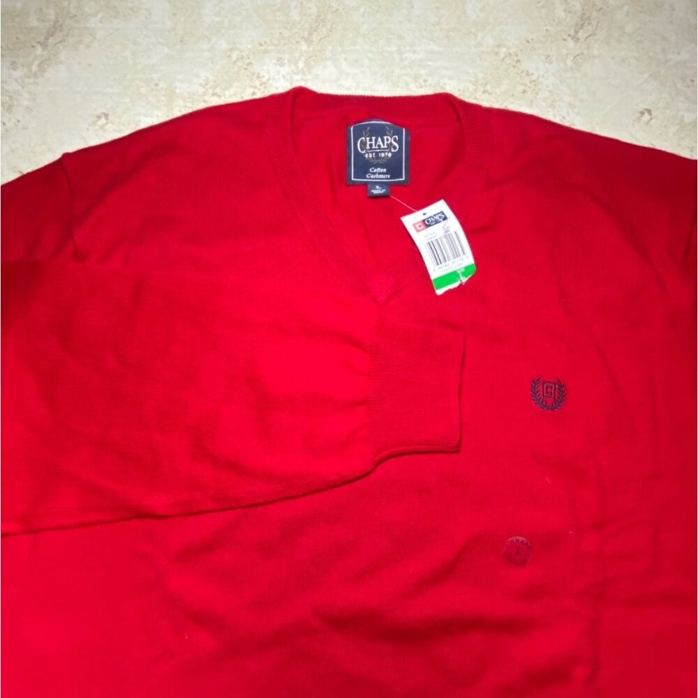 Chaps Mens Red Cotton V-Neck Sweater With Embroidered Logo L